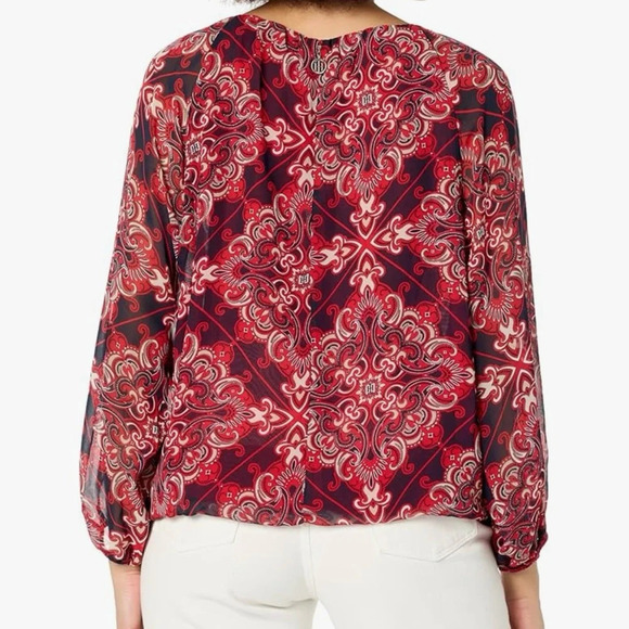 NWT Tommy Hilfiger Long Sleeve Blouse Sky Captain Multi Red Navy XS - Picture 2 of 16